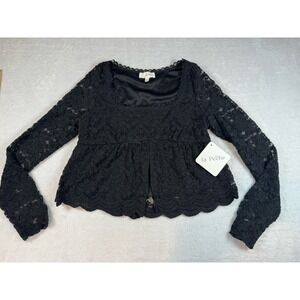 Whimsical Goth Black Crop Gothic Lace Hem Top, Dark Romantic‎ Boho Blouse Large